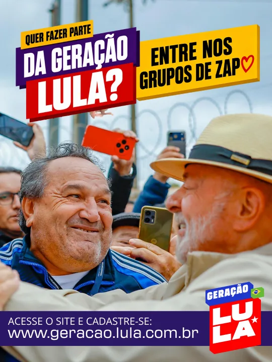 Lula abraçando um apoiador e o texto Quer fazer parte da Geração Lula? Entre nos grupos de zap