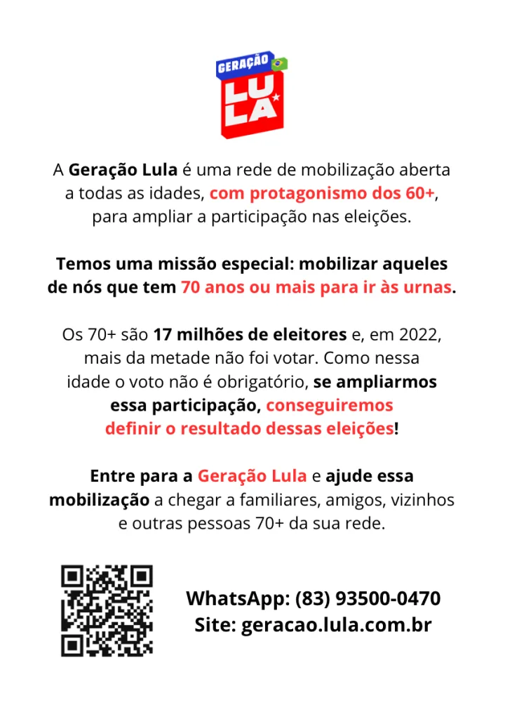 Panfleto com a logo da Geração Lula e o texto de apresentação da rede